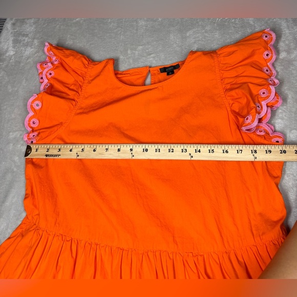 J.Crew Tiered Pink Embroidered Ruffle Sleeve 100% Cotton Orange Mini Dress Large - Picture 4 of 16